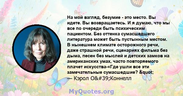 На мой взгляд, безумие - это место. Вы идете. Вы возвращаетесь. И я думаю, что мы все по очереди быть психическим пациентом. Без оттенка сумасшедшего литература может быть пустынным местом. В нынешнем климате