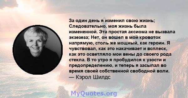 За один день я изменил свою жизнь; Следовательно, моя жизнь была измененной. Эта простая аксиома не вызвала экзезеза; Нет, он вошел в мой кровоток напрямую, столь же мощный, как героин. Я чувствовал, как это накачивает