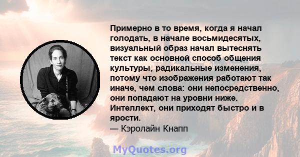 Примерно в то время, когда я начал голодать, в начале восьмидесятых, визуальный образ начал вытеснять текст как основной способ общения культуры, радикальные изменения, потому что изображения работают так иначе, чем