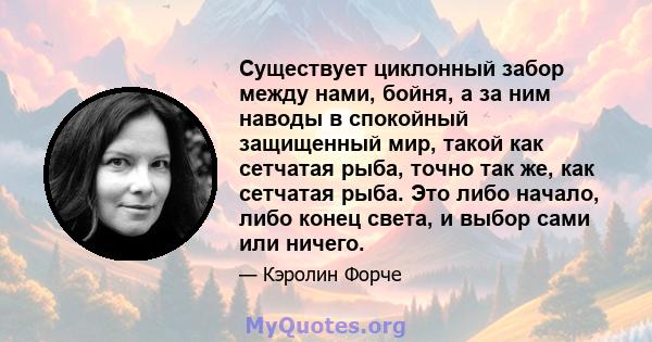 Существует циклонный забор между нами, бойня, а за ним наводы в спокойный защищенный мир, такой как сетчатая рыба, точно так же, как сетчатая рыба. Это либо начало, либо конец света, и выбор сами или ничего.