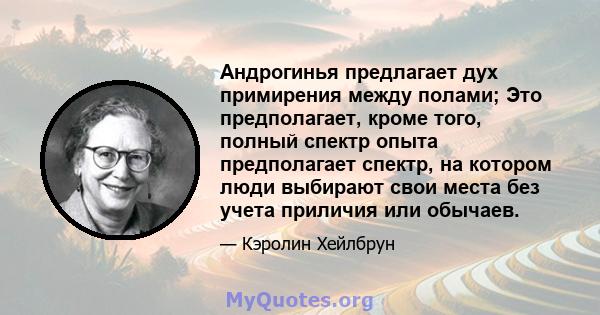 Андрогинья предлагает дух примирения между полами; Это предполагает, кроме того, полный спектр опыта предполагает спектр, на котором люди выбирают свои места без учета приличия или обычаев.