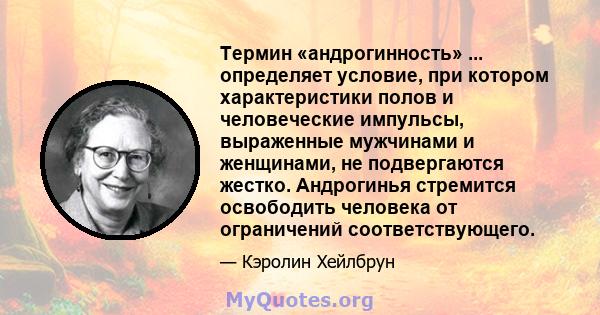 Термин «андрогинность» ... определяет условие, при котором характеристики полов и человеческие импульсы, выраженные мужчинами и женщинами, не подвергаются жестко. Андрогинья стремится освободить человека от ограничений