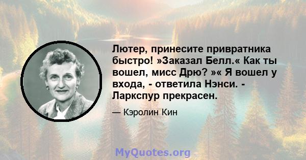 Лютер, принесите привратника быстро! »Заказал Белл.« Как ты вошел, мисс Дрю? »« Я вошел у входа, - ответила Нэнси. - Ларкспур прекрасен.