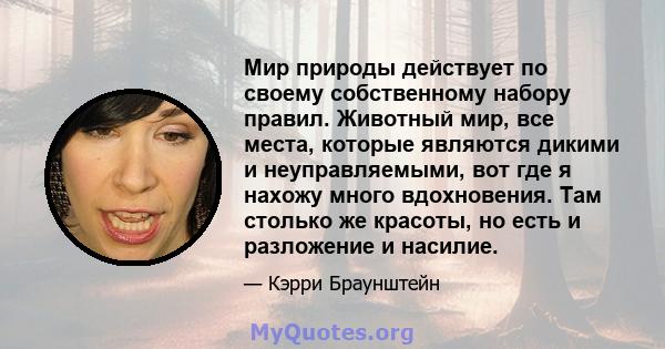 Мир природы действует по своему собственному набору правил. Животный мир, все места, которые являются дикими и неуправляемыми, вот где я нахожу много вдохновения. Там столько же красоты, но есть и разложение и насилие.