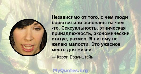 Независимо от того, с чем люди борются или основаны на чем -то. Сексуальность, этническая принадлежность, экономический статус, размер. Я никому не желаю малости. Это ужасное место для жизни.