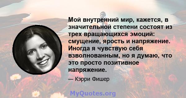 Мой внутренний мир, кажется, в значительной степени состоят из трех вращающихся эмоций: смущение, ярость и напряжение. Иногда я чувствую себя взволнованным, но я думаю, что это просто позитивное напряжение.