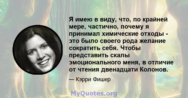 Я имею в виду, что, по крайней мере, частично, почему я принимал химические отходы - это было своего рода желание сократить себя. Чтобы представить скалы эмоционального меня, в отличие от чтения двенадцати Колонов.