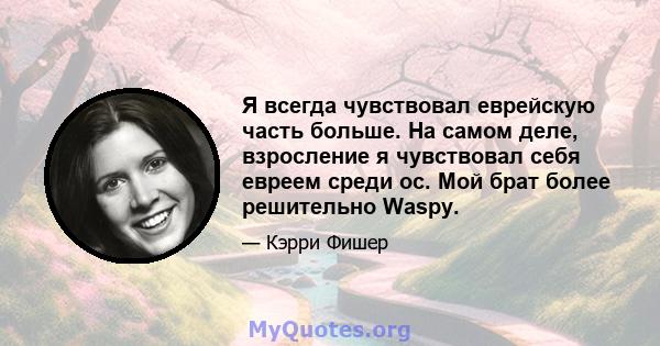 Я всегда чувствовал еврейскую часть больше. На самом деле, взросление я чувствовал себя евреем среди ос. Мой брат более решительно Waspy.