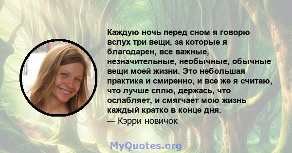 Каждую ночь перед сном я говорю вслух три вещи, за которые я благодарен, все важные, незначительные, необычные, обычные вещи моей жизни. Это небольшая практика и смиренно, и все же я считаю, что лучше сплю, держась, что 