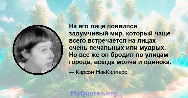 На его лице появился задумчивый мир, который чаще всего встречается на лицах очень печальных или мудрых. Но все же он бродил по улицам города, всегда молча и одинока.