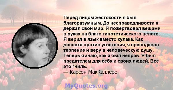 Перед лицом жестокости я был благоразумным. До несправедливости я держал свой мир. Я пожертвовал вещами в руках на благо гипотетического целого. Я верил в язык вместо кулака. Как доспеха против угнетения, я преподавал