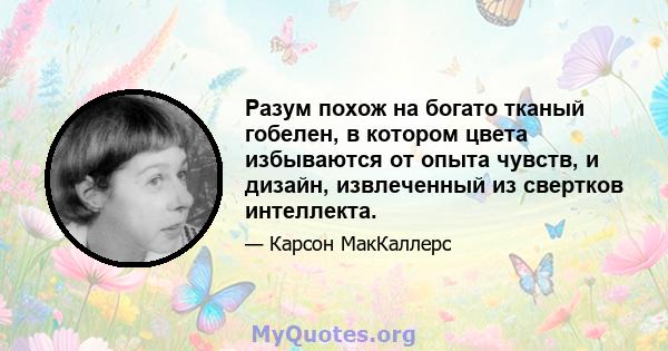 Разум похож на богато тканый гобелен, в котором цвета избываются от опыта чувств, и дизайн, извлеченный из свертков интеллекта.