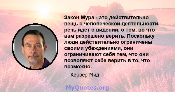 Закон Мура - это действительно вещь о человеческой деятельности, речь идет о видении, о том, во что вам разрешено верить. Поскольку люди действительно ограничены своими убеждениями, они ограничивают себя тем, что они