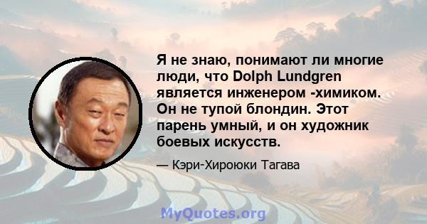 Я не знаю, понимают ли многие люди, что Dolph Lundgren является инженером -химиком. Он не тупой блондин. Этот парень умный, и он художник боевых искусств.