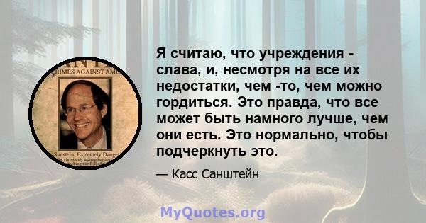 Я считаю, что учреждения - слава, и, несмотря на все их недостатки, чем -то, чем можно гордиться. Это правда, что все может быть намного лучше, чем они есть. Это нормально, чтобы подчеркнуть это.