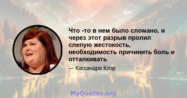 Что -то в нем было сломано, и через этот разрыв пролил слепую жестокость, необходимость причинить боль и отталкивать