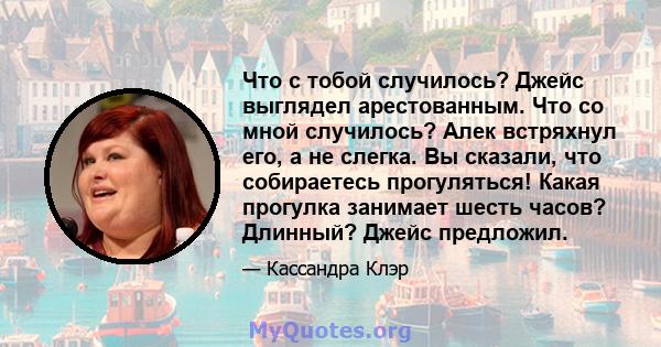 Что с тобой случилось? Джейс выглядел арестованным. Что со мной случилось? Алек встряхнул его, а не слегка. Вы сказали, что собираетесь прогуляться! Какая прогулка занимает шесть часов? Длинный? Джейс предложил.