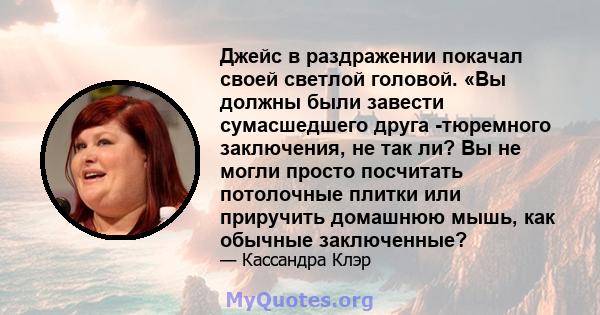 Джейс в раздражении покачал своей светлой головой. «Вы должны были завести сумасшедшего друга -тюремного заключения, не так ли? Вы не могли просто посчитать потолочные плитки или приручить домашнюю мышь, как обычные