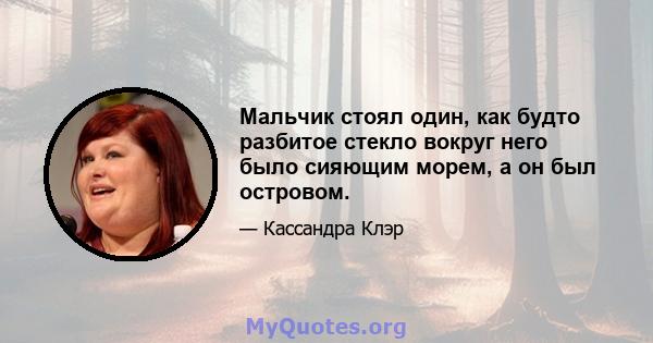 Мальчик стоял один, как будто разбитое стекло вокруг него было сияющим морем, а он был островом.