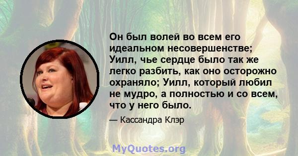 Он был волей во всем его идеальном несовершенстве; Уилл, чье сердце было так же легко разбить, как оно осторожно охраняло; Уилл, который любил не мудро, а полностью и со всем, что у него было.