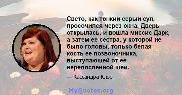 Свето, как тонкий серый суп, просочился через окна. Дверь открылась, и вошла миссис Дарк, а затем ее сестра, у которой не было головы, только белая кость ее позвоночника, выступающей от ее нерелосленной шеи.