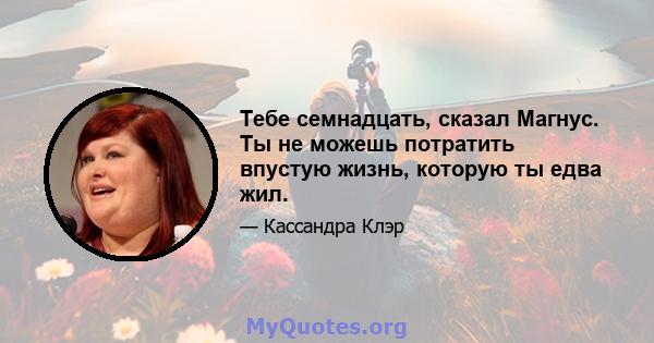 Тебе семнадцать, сказал Магнус. Ты не можешь потратить впустую жизнь, которую ты едва жил.