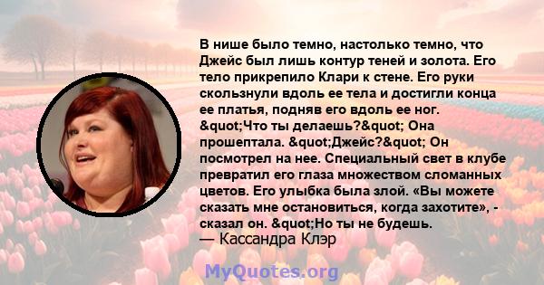 В нише было темно, настолько темно, что Джейс был лишь контур теней и золота. Его тело прикрепило Клари к стене. Его руки скользнули вдоль ее тела и достигли конца ее платья, подняв его вдоль ее ног. "Что ты