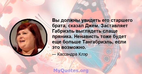 Вы должны увидеть его старшего брата, сказал Джем. Заставляет Габриэль выглядеть слаще пряника. Ненависть тоже будет еще больше Тангабриэль, если это возможно.