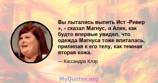 Вы пытались выпить Ист -Ривер », - сказал Магнус, и Алек, как будто впервые увидел, что одежда Магнуса тоже впиталась, прилипая к его телу, как темная вторая кожа.