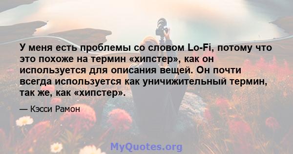 У меня есть проблемы со словом Lo-Fi, потому что это похоже на термин «хипстер», как он используется для описания вещей. Он почти всегда используется как уничижительный термин, так же, как «хипстер».