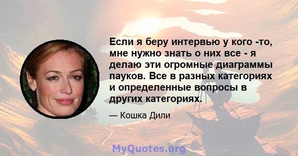 Если я беру интервью у кого -то, мне нужно знать о них все - я делаю эти огромные диаграммы пауков. Все в разных категориях и определенные вопросы в других категориях.