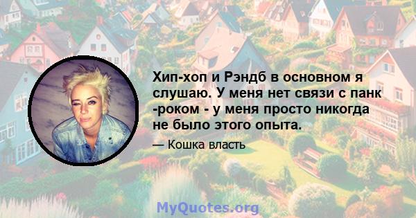 Хип-хоп и Рэндб в основном я слушаю. У меня нет связи с панк -роком - у меня просто никогда не было этого опыта.