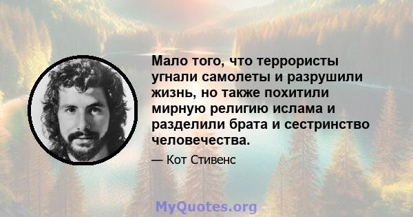 Мало того, что террористы угнали самолеты и разрушили жизнь, но также похитили мирную религию ислама и разделили брата и сестринство человечества.