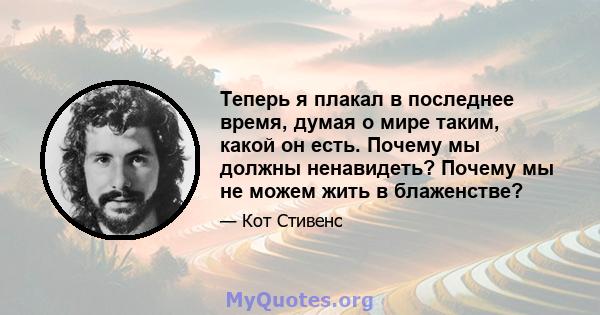 Теперь я плакал в последнее время, думая о мире таким, какой он есть. Почему мы должны ненавидеть? Почему мы не можем жить в блаженстве?