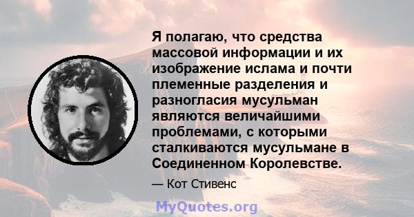 Я полагаю, что средства массовой информации и их изображение ислама и почти племенные разделения и разногласия мусульман являются величайшими проблемами, с которыми сталкиваются мусульмане в Соединенном Королевстве.