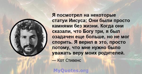 Я посмотрел на некоторые статуи Иисуса; Они были просто камнями без жизни. Когда они сказали, что Богу три, я был озадачен еще больше, но не мог спорить. Я верил в это, просто потому, что мне нужно было уважать веру