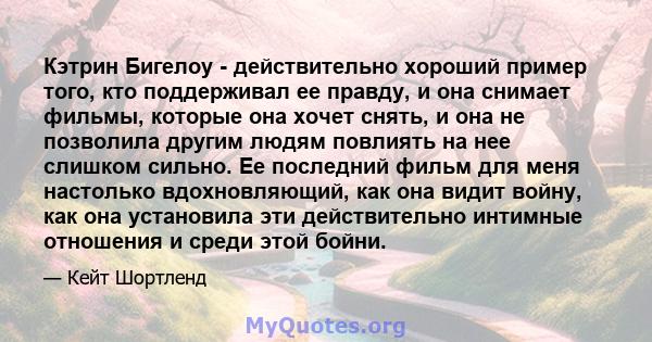 Кэтрин Бигелоу - действительно хороший пример того, кто поддерживал ее правду, и она снимает фильмы, которые она хочет снять, и она не позволила другим людям повлиять на нее слишком сильно. Ее последний фильм для меня