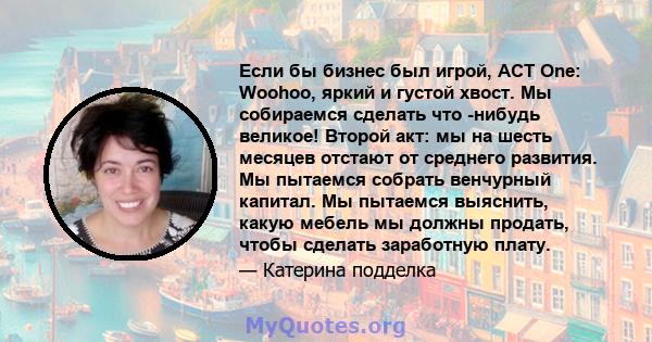 Если бы бизнес был игрой, ACT One: Woohoo, яркий и густой хвост. Мы собираемся сделать что -нибудь великое! Второй акт: мы на шесть месяцев отстают от среднего развития. Мы пытаемся собрать венчурный капитал. Мы