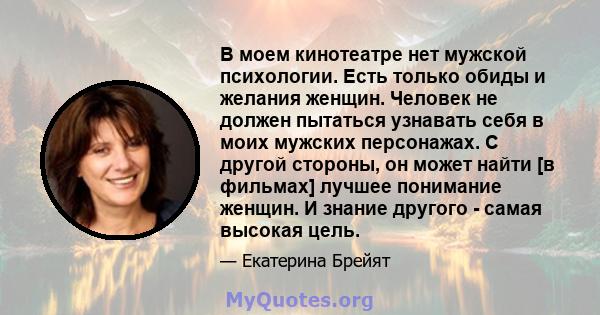 В моем кинотеатре нет мужской психологии. Есть только обиды и желания женщин. Человек не должен пытаться узнавать себя в моих мужских персонажах. С другой стороны, он может найти [в фильмах] лучшее понимание женщин. И