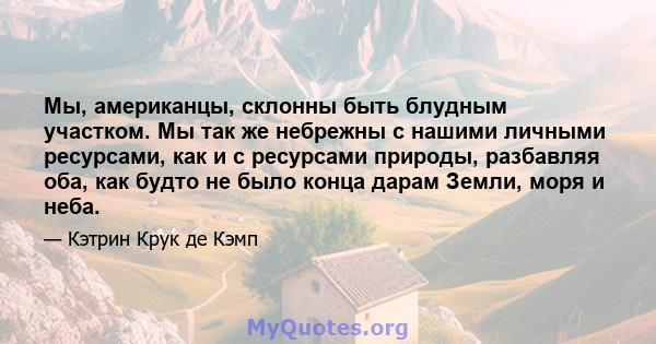 Мы, американцы, склонны быть блудным участком. Мы так же небрежны с нашими личными ресурсами, как и с ресурсами природы, разбавляя оба, как будто не было конца дарам Земли, моря и неба.