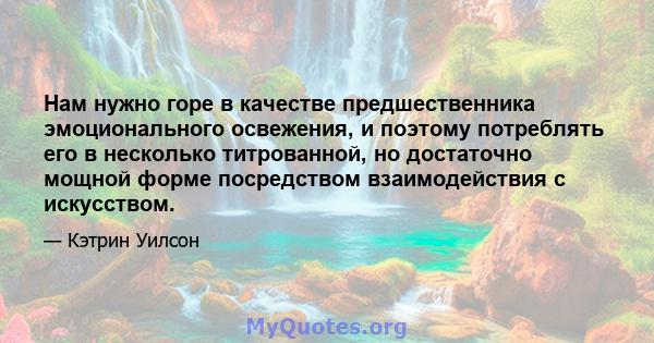 Нам нужно горе в качестве предшественника эмоционального освежения, и поэтому потреблять его в несколько титрованной, но достаточно мощной форме посредством взаимодействия с искусством.