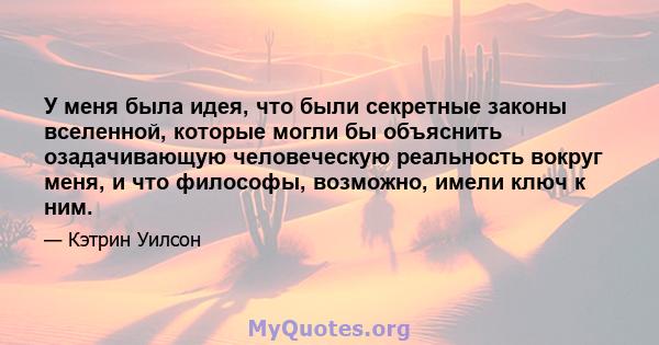 У меня была идея, что были секретные законы вселенной, которые могли бы объяснить озадачивающую человеческую реальность вокруг меня, и что философы, возможно, имели ключ к ним.