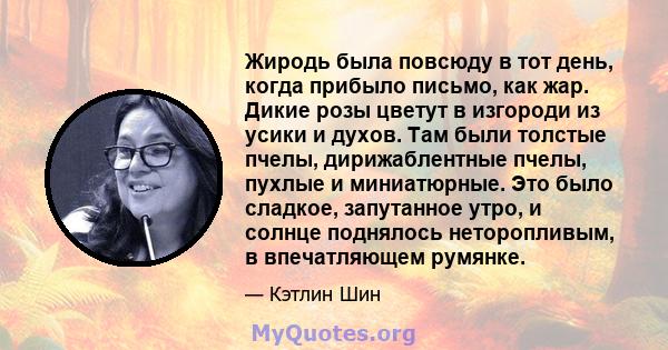 Жиродь была повсюду в тот день, когда прибыло письмо, как жар. Дикие розы цветут в изгороди из усики и духов. Там были толстые пчелы, дирижаблентные пчелы, пухлые и миниатюрные. Это было сладкое, запутанное утро, и