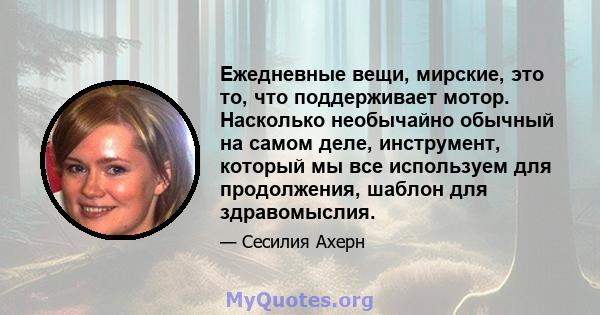 Ежедневные вещи, мирские, это то, что поддерживает мотор. Насколько необычайно обычный на самом деле, инструмент, который мы все используем для продолжения, шаблон для здравомыслия.