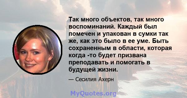 Так много объектов, так много воспоминаний. Каждый был помечен и упакован в сумки так же, как это было в ее уме. Быть сохраненным в области, которая когда -то будет призвана преподавать и помогать в будущей жизни.