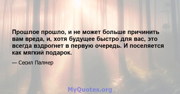 Прошлое прошло, и не может больше причинить вам вреда, и, хотя будущее быстро для вас, это всегда вздрогнет в первую очередь. И поселяется как мягкий подарок.