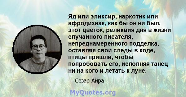 Яд или эликсир, наркотик или афродизиак, как бы он ни был, этот цветок, реликвия дня в жизни случайного писателя, непреднамеренного подделка, оставляя свои следы в коде, птицы пришли, чтобы попробовать его, исполняя