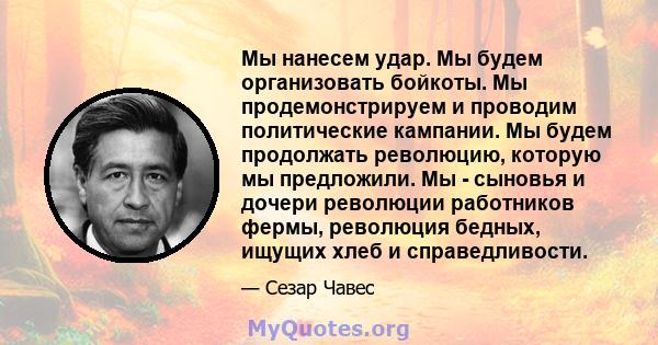 Мы нанесем удар. Мы будем организовать бойкоты. Мы продемонстрируем и проводим политические кампании. Мы будем продолжать революцию, которую мы предложили. Мы - сыновья и дочери революции работников фермы, революция