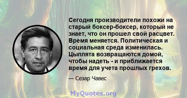 Сегодня производители похожи на старый боксер-боксер, который не знает, что он прошел свой расцвет. Время меняется. Политическая и социальная среда изменилась. Цыплята возвращаются домой, чтобы надеть - и приближается