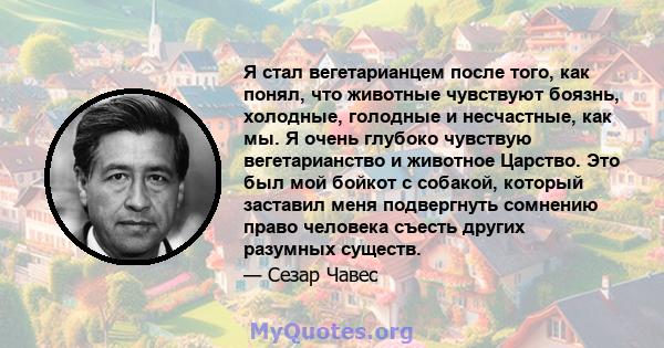 Я стал вегетарианцем после того, как понял, что животные чувствуют боязнь, холодные, голодные и несчастные, как мы. Я очень глубоко чувствую вегетарианство и животное Царство. Это был мой бойкот с собакой, который